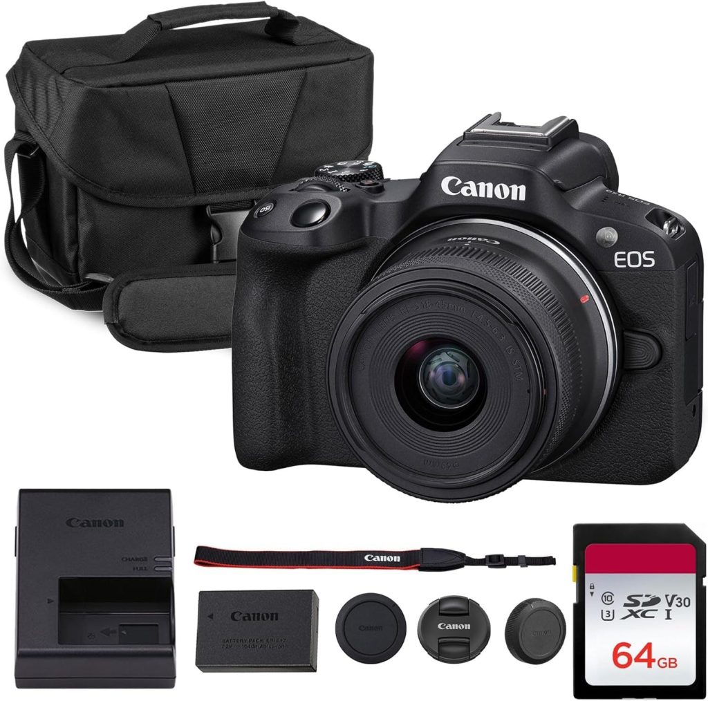 Canon EOS R50 Mirrorless Camera Kit with RF-S18-45mm Lens, 24.2MP APS-C Sensor, 4K Video, Dual Pixel CMOS AF II, Touchscreen, Bag & 64GB Card