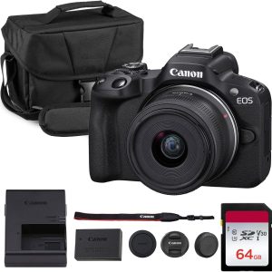 Canon EOS R50 Mirrorless Camera Kit with RF-S18-45mm Lens, 24.2MP APS-C Sensor, 4K Video, Dual Pixel CMOS AF II, Touchscreen, Bag & 64GB Card
