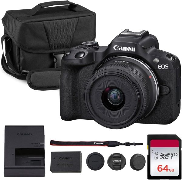 Canon EOS R50 Mirrorless Camera Kit with RF-S18-45mm Lens, 24.2MP APS-C Sensor, 4K Video, Dual Pixel CMOS AF II, Touchscreen, Bag & 64GB Card