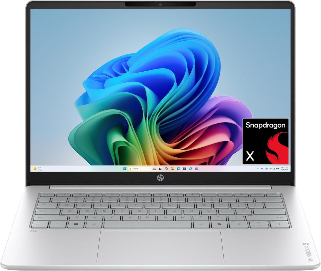 HP OmniBook 3 14" AI Laptop Snapdragon X X1-26-100 16GB RAM 512GB SSD 2K Display Windows 11 Home Glacier Silver