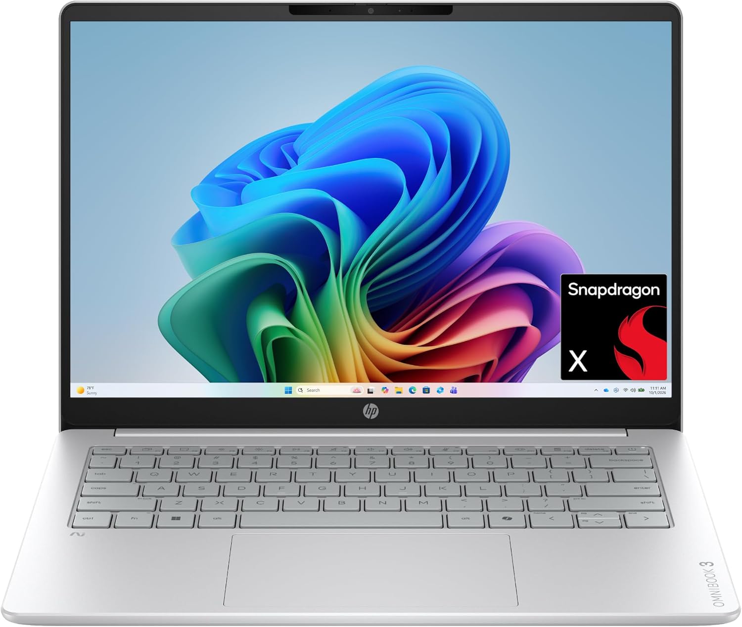 HP OmniBook 3 14" AI Laptop Snapdragon X X1-26-100 16GB RAM 512GB SSD 2K Display Windows 11 Home – Glacier Silver