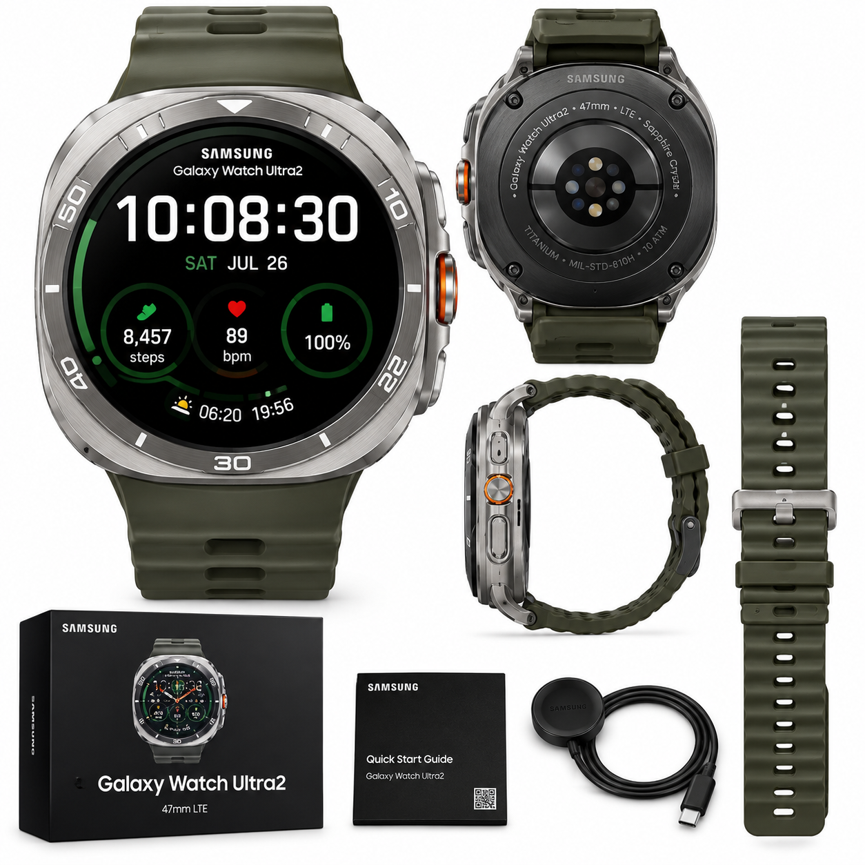 Samsung Galaxy Watch Ultra 2 47mm LTE Smartwatch - Titanium Silver with Olive Marine Band - Image 3